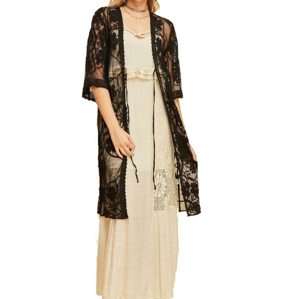 Alyson Kimono Tops Solid Floral Black 1/2 sleeves